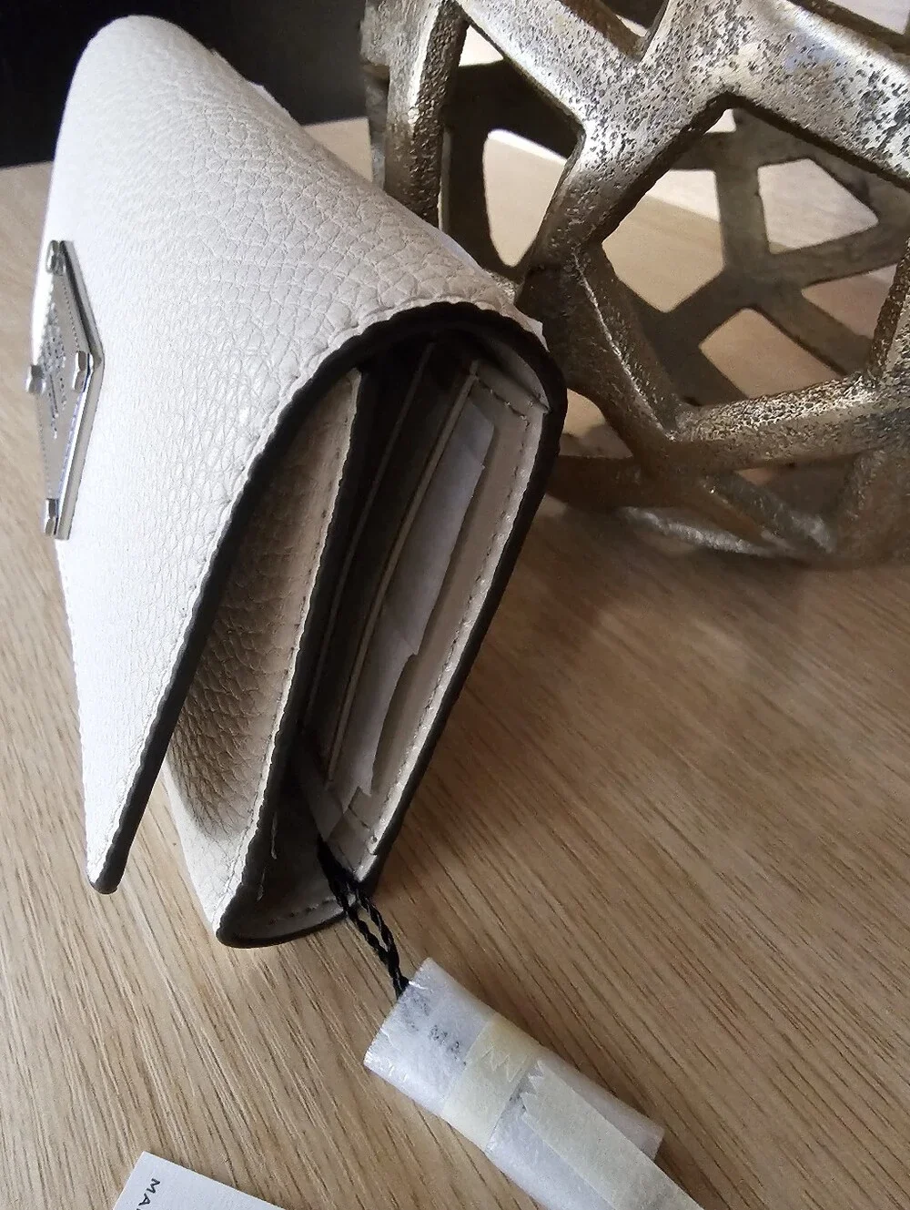 Marc Jacobs Cream Pebbled Leather Foldover Wallet with Metal Logo Plate